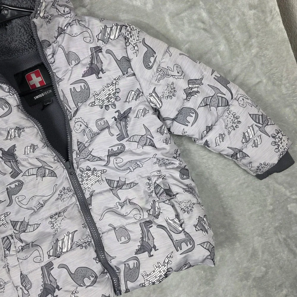 Kids SwissTech Dinosaur Puffer Jacket Hooded‎ Sherpa Lined Gray 5T